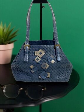 Bottega Veneta Blue Woven Shoulder Bag with Geometric Accents